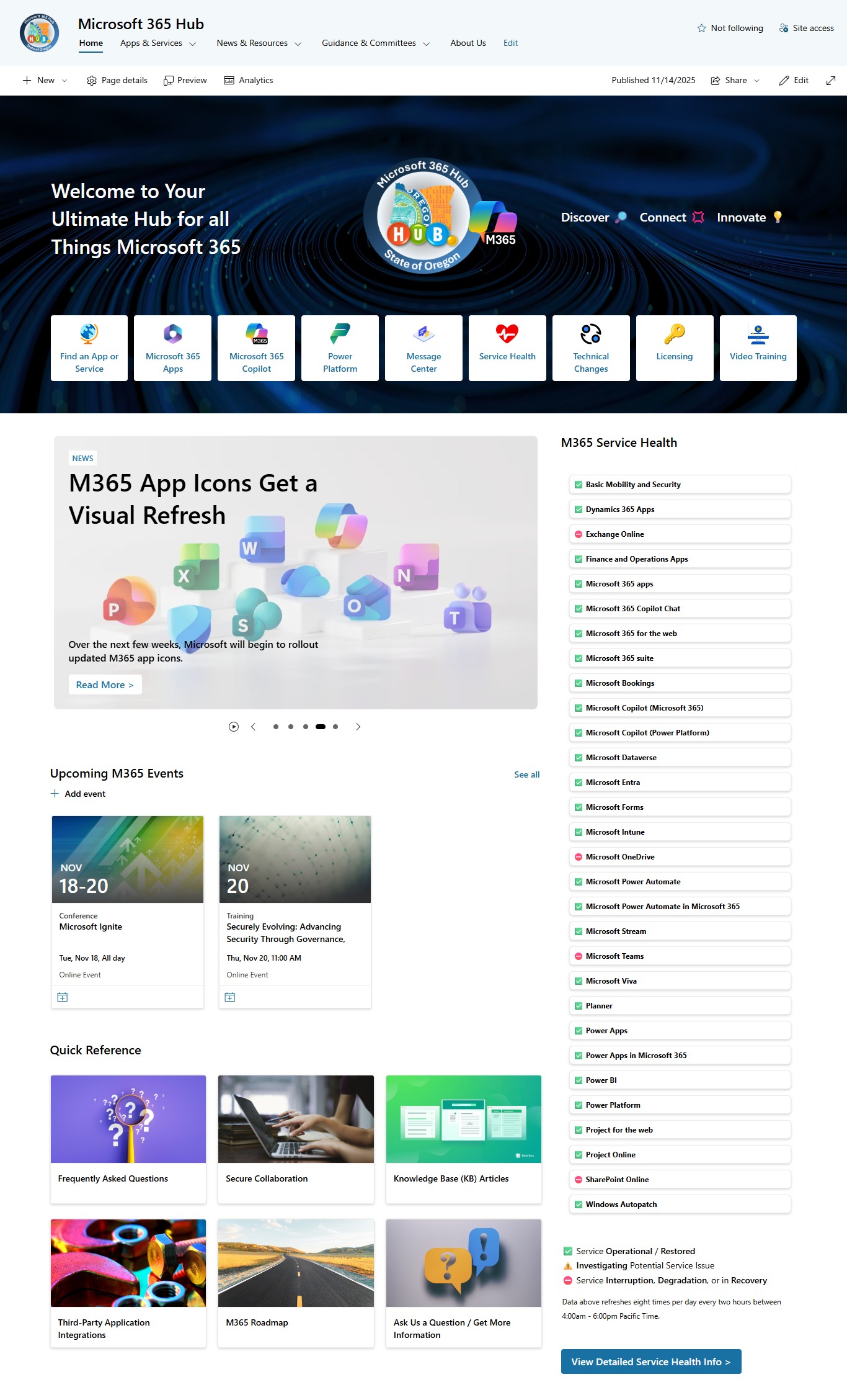 Screenshot of the M365 Hub homepage