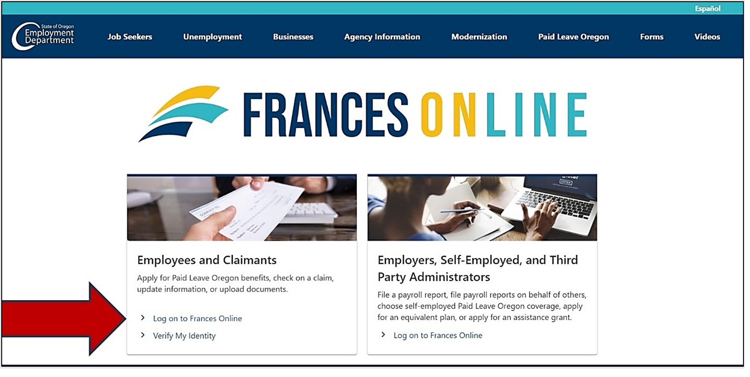 Image showing how to select the link for Frances Online for claimants