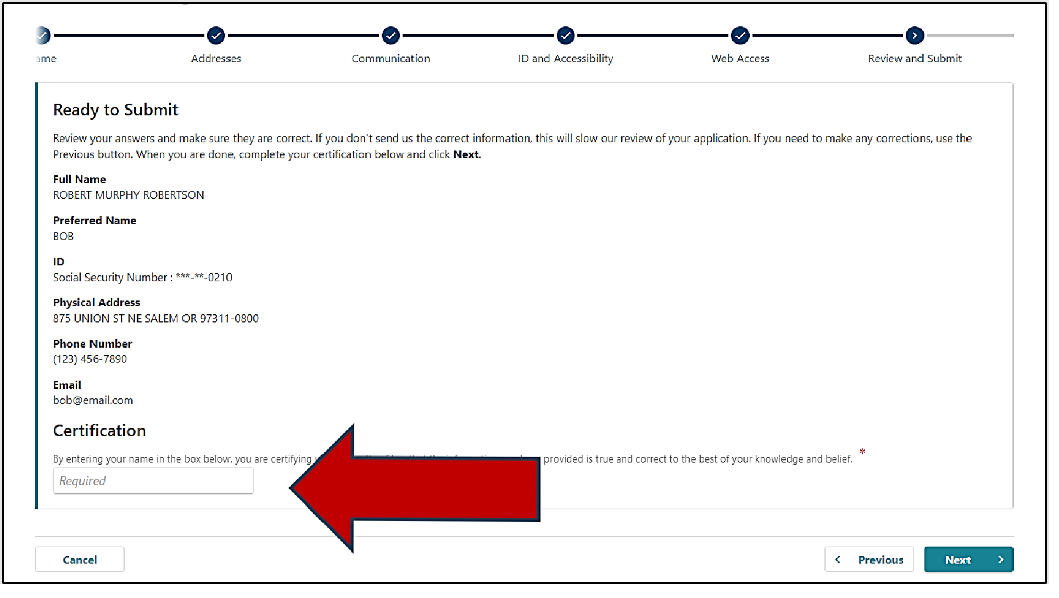 Image showing the screen summary before you submit your Frances Online account application