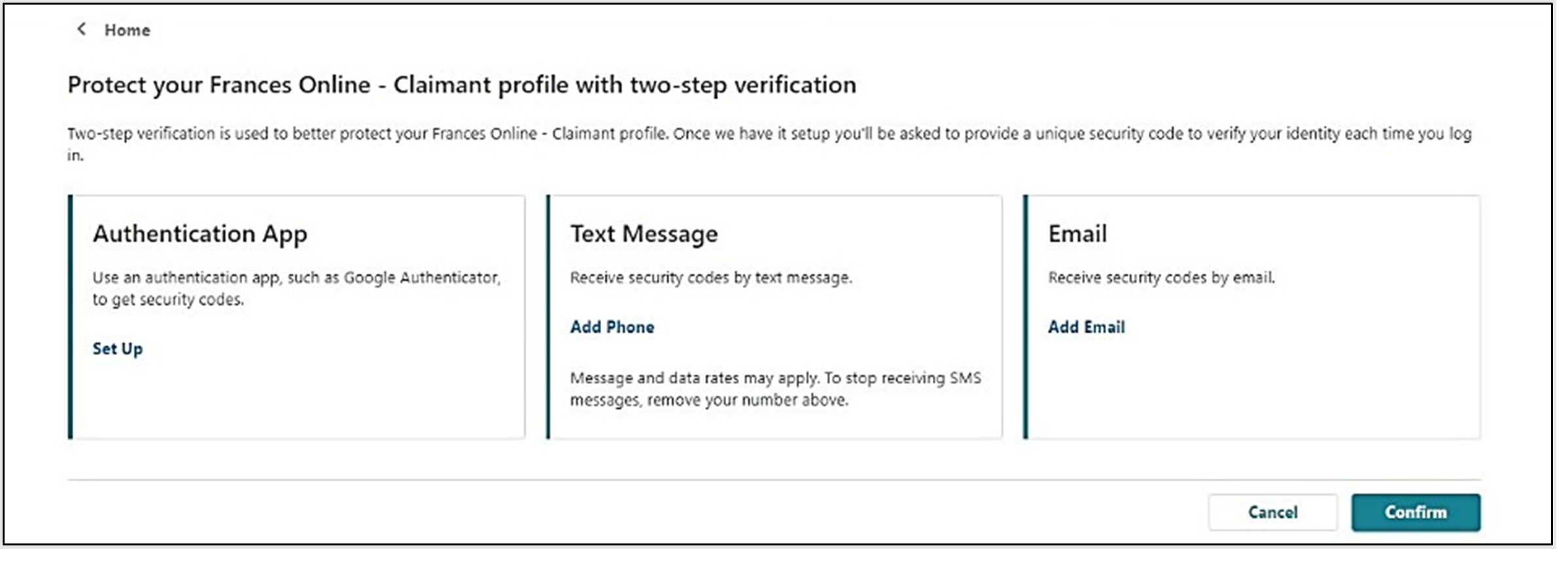 Image showing the two-step verification screen in Frances Online