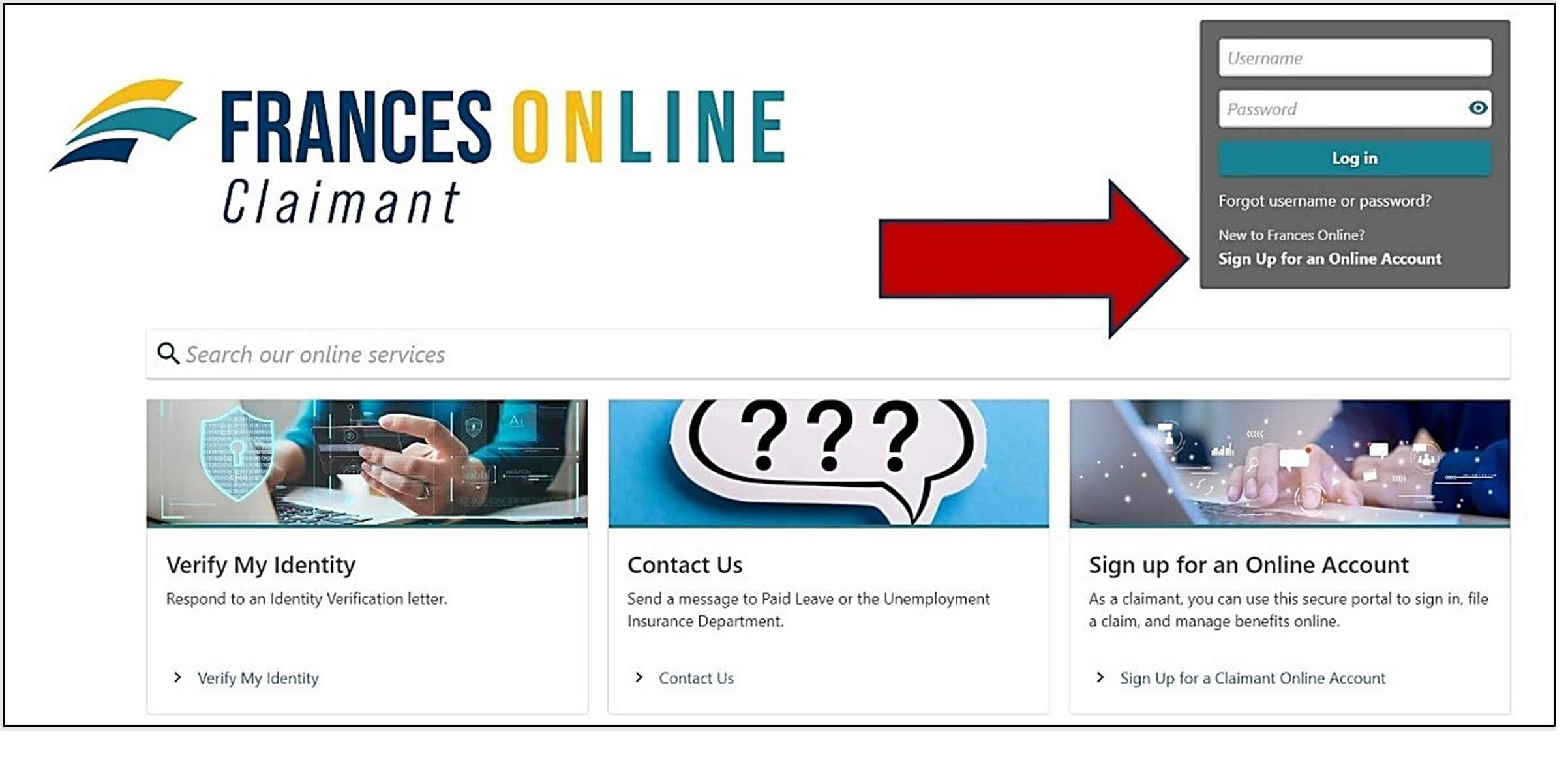 Image showing where to find the link to sign up for Frances Online