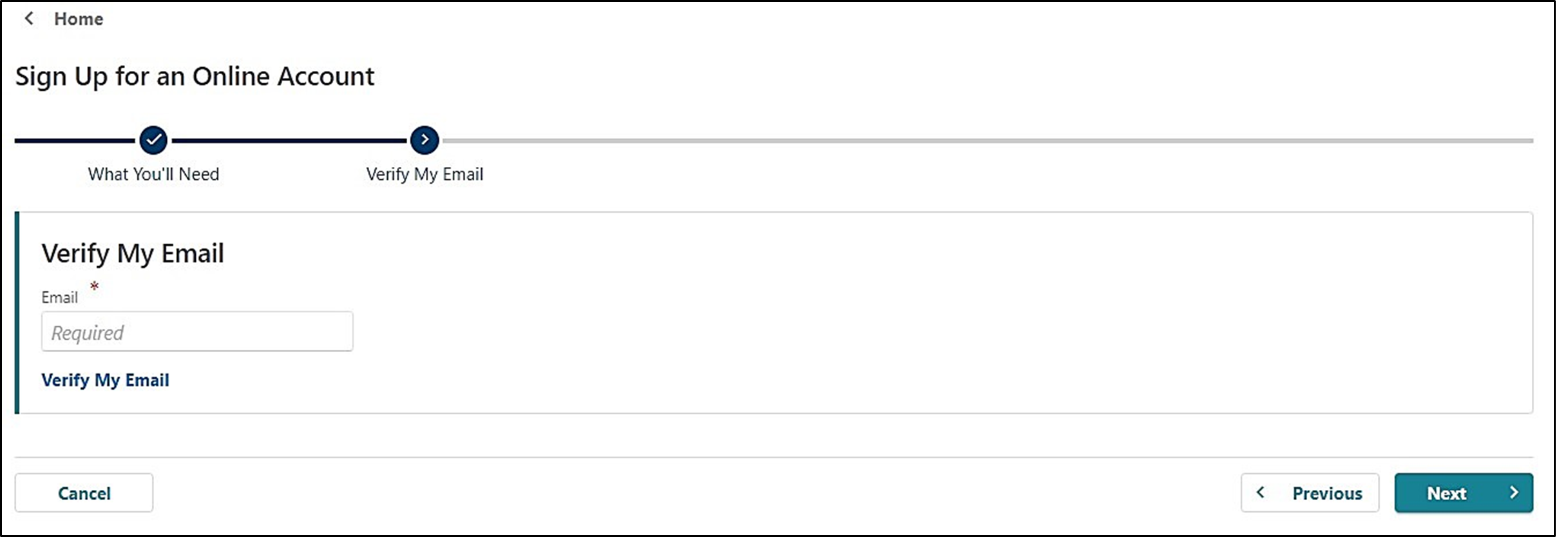 Image showing how to enter and verify your email address in Frances Online