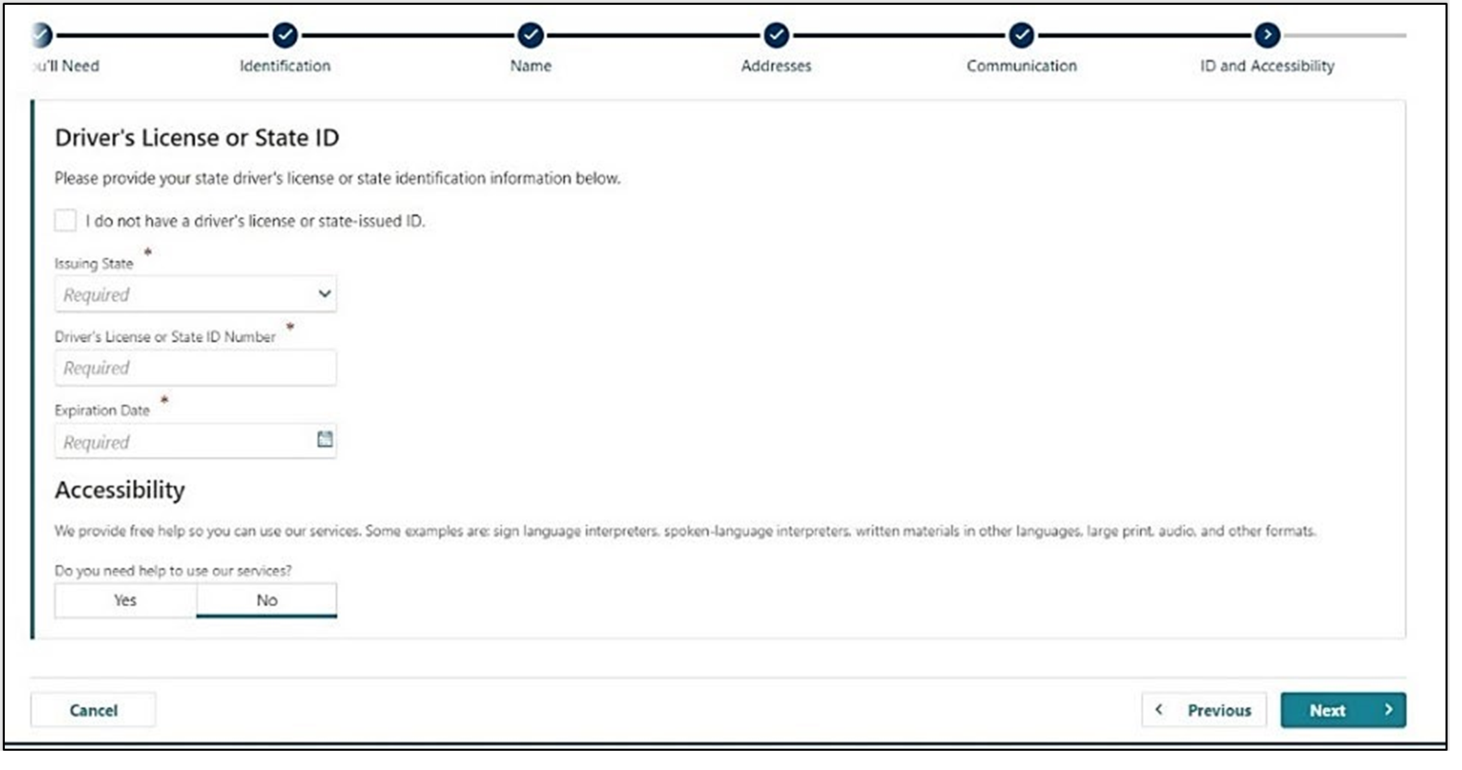 Image showing how to enter your driver's license or state ID into Frances Online