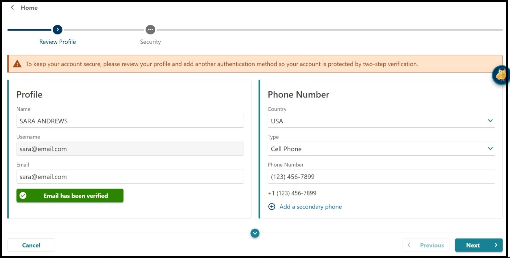 Image showing how to review your information and add a second phone number