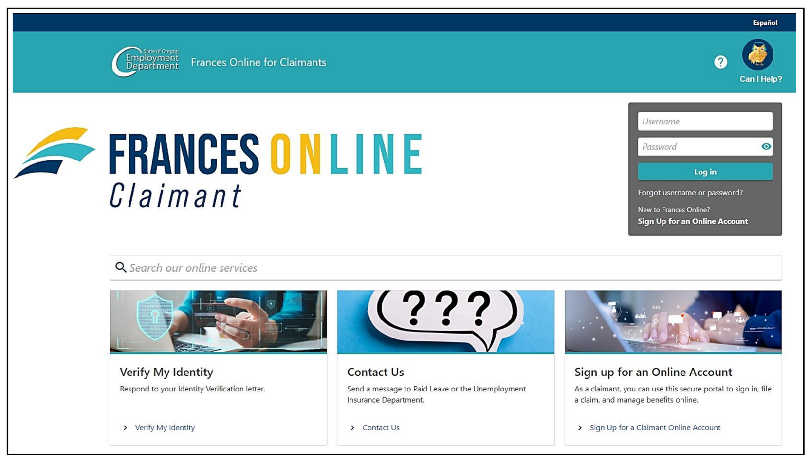 image showing Frances Online for claimants login screen