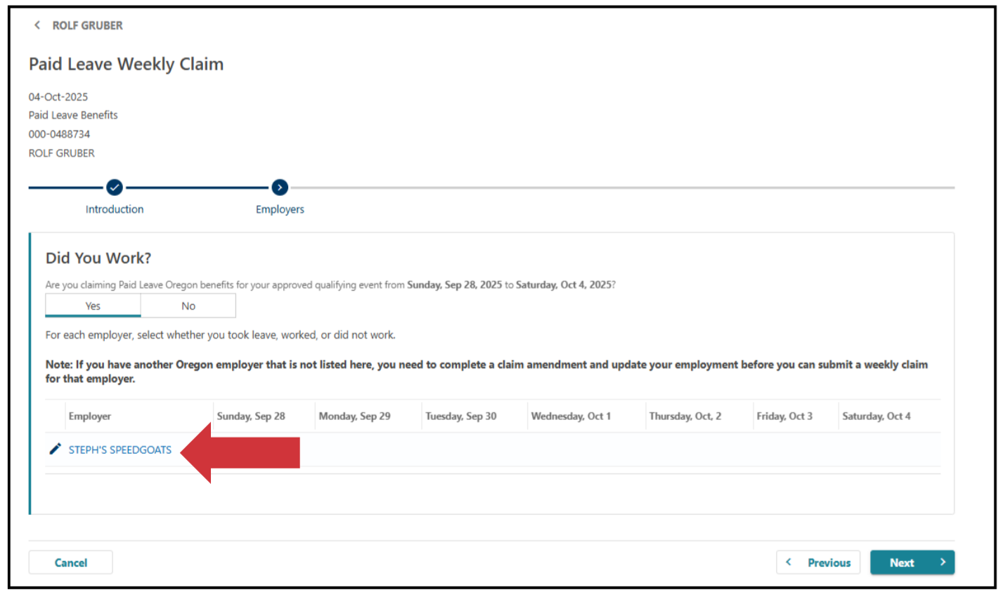 image showing how to select your employer's name in Frances Online