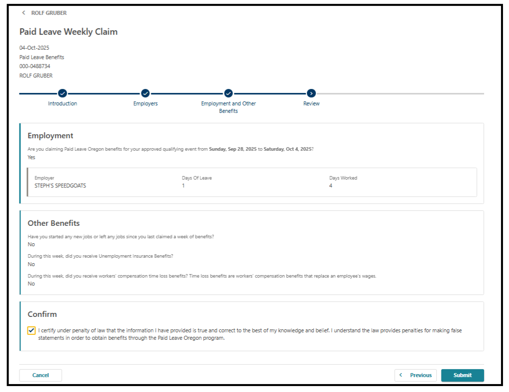 Image showing how to review information in the weekly claim application