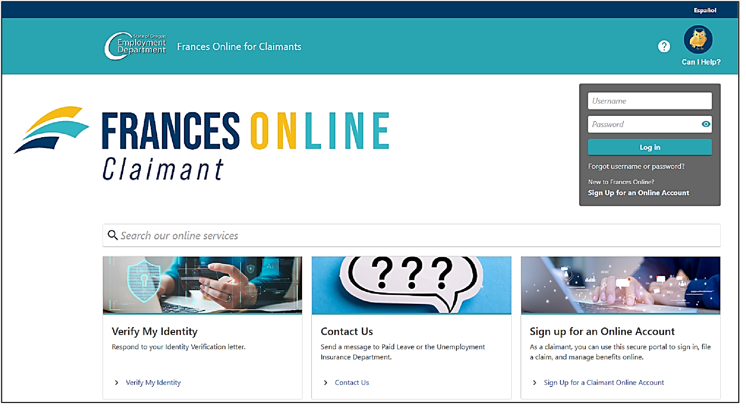 image showing Frances Online claimant login page