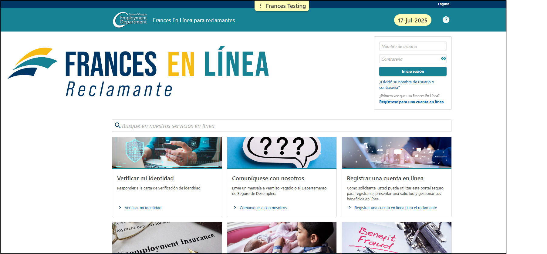 Image showing Frances Online for Claimants login page