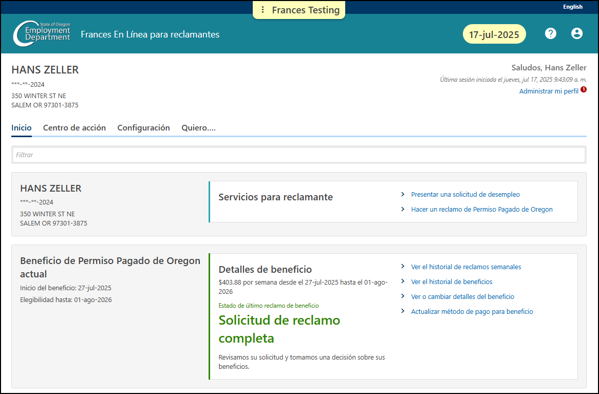 Image showing the home screen in Frances Online