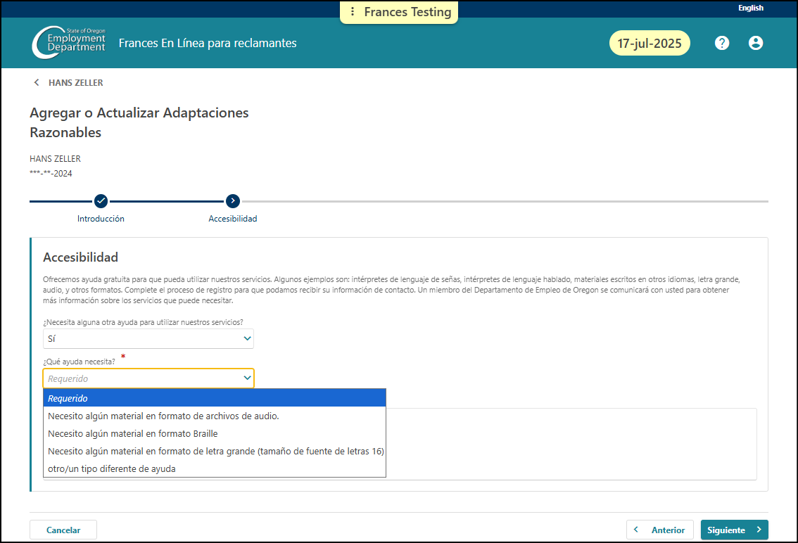Image showing drop down menu when requesting a reasonable accommodation