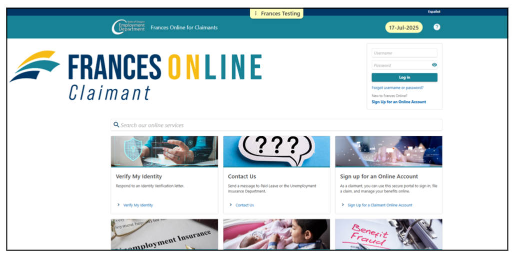 Image showing Frances Online for Claimants log in screen