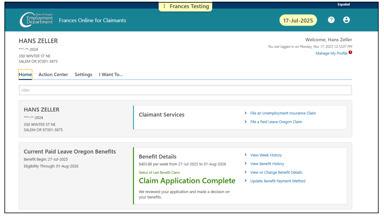 Image showing Frances Online for Claimants home screen