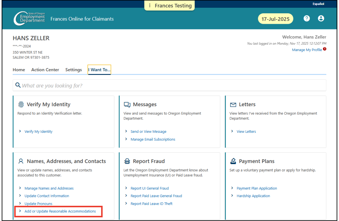 Image showing the "Add or Update Reasonable Accommodations" link