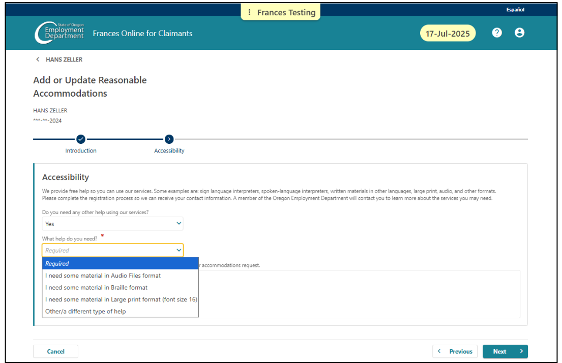 Image showing the drop down menu selections for a Reasonable Accommodation
