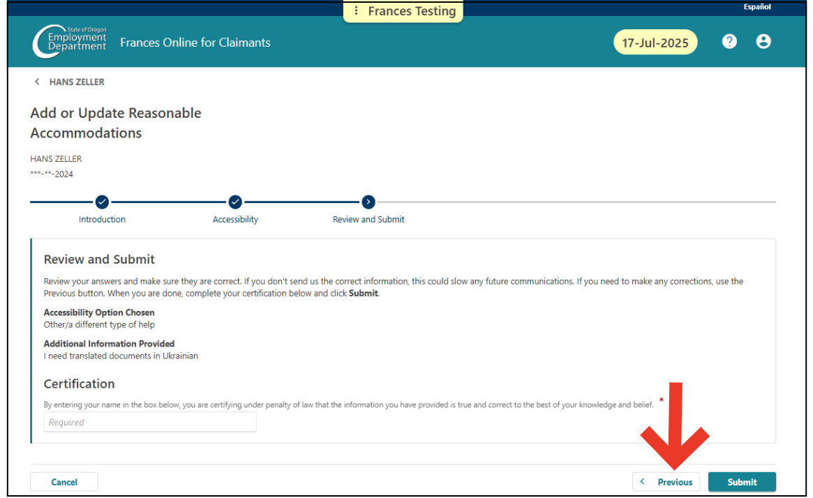 Image showing the "Previous" button