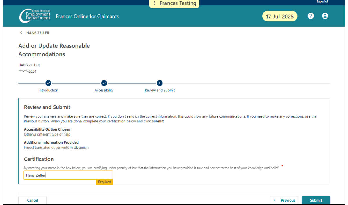 Image showing the "Certification" field