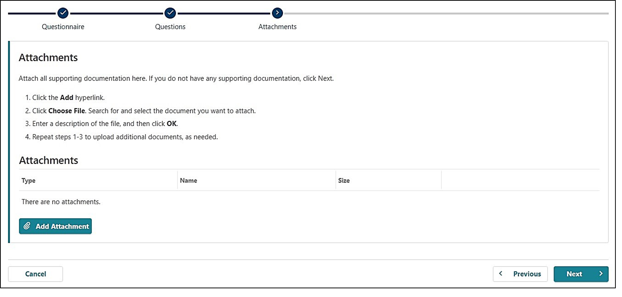 image showing how to attach documents to the questionnaire in Frances Online