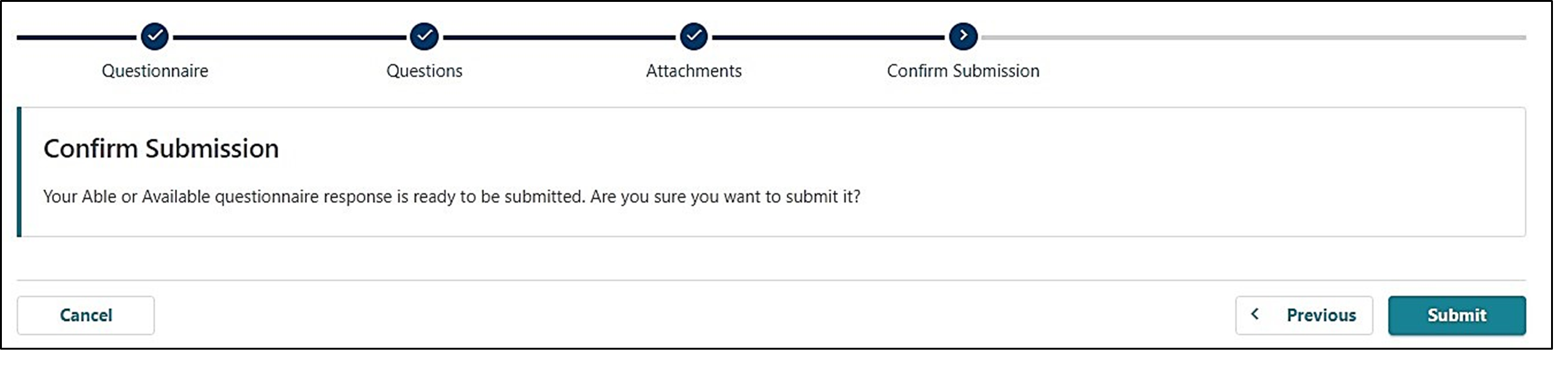 image showing confirmation screen after submitting a questionnaire in Frances Online