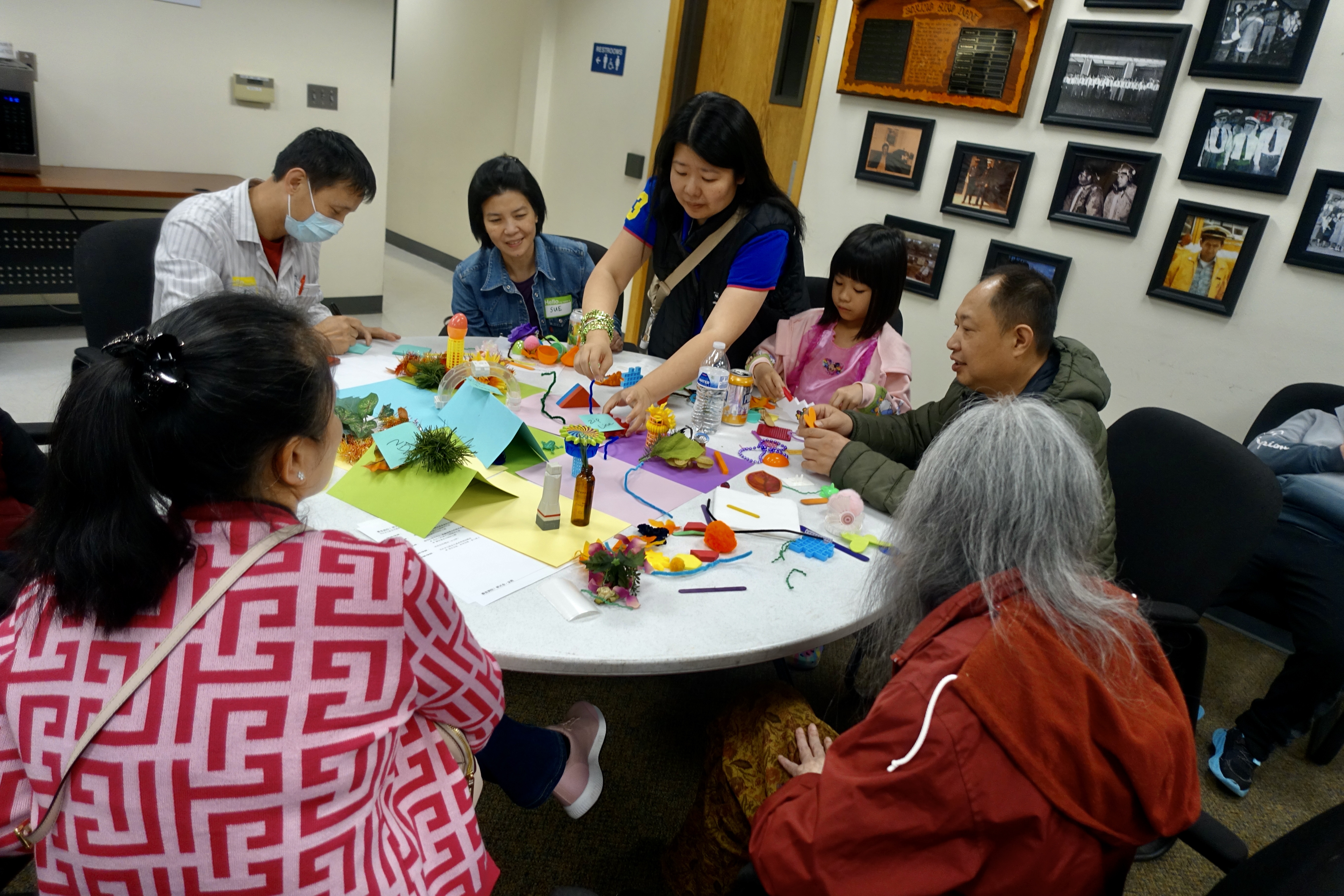 Group of seven using random objects to represent their dream city infrastructure