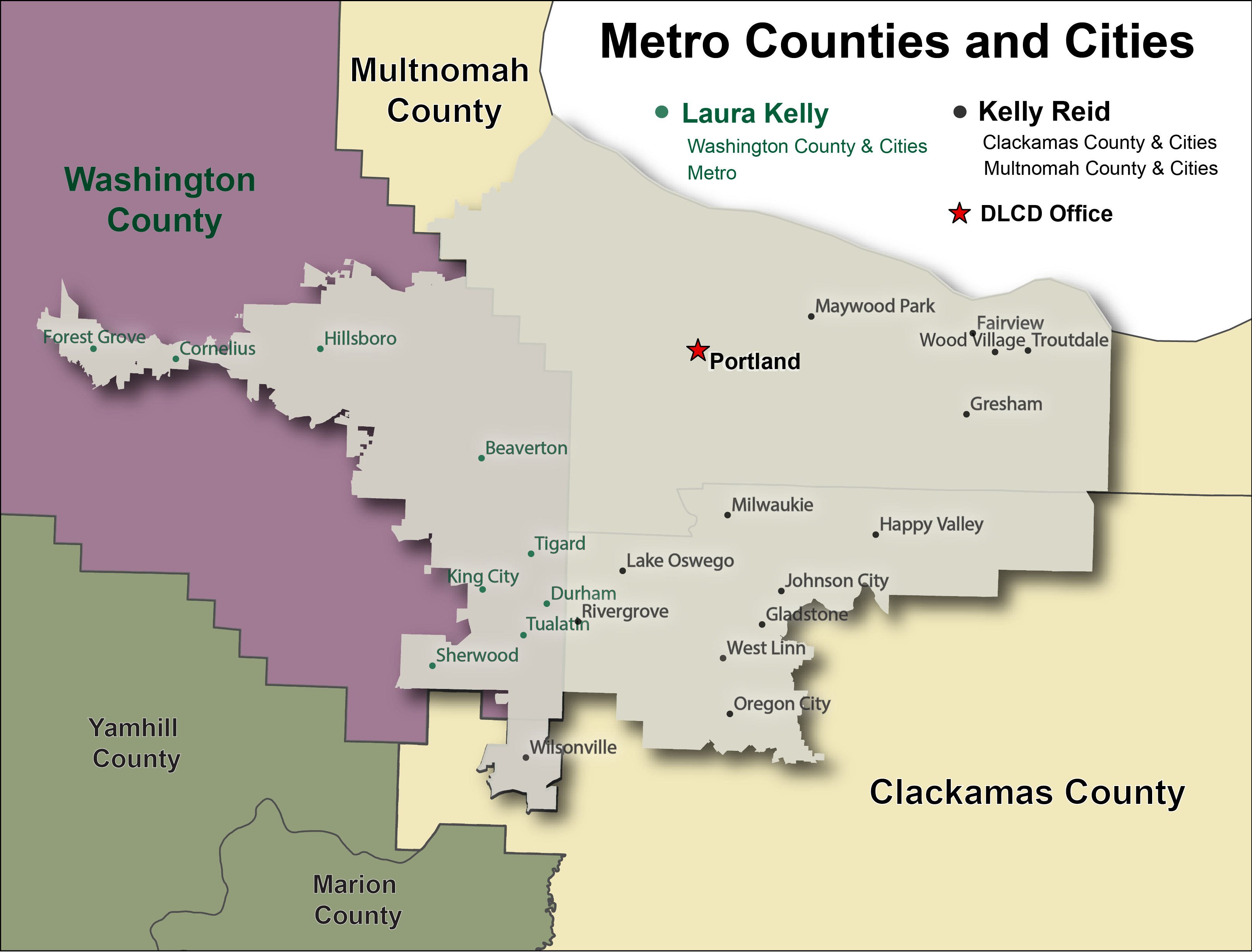 Map of Oregon overlayed with each Regional Representatives area