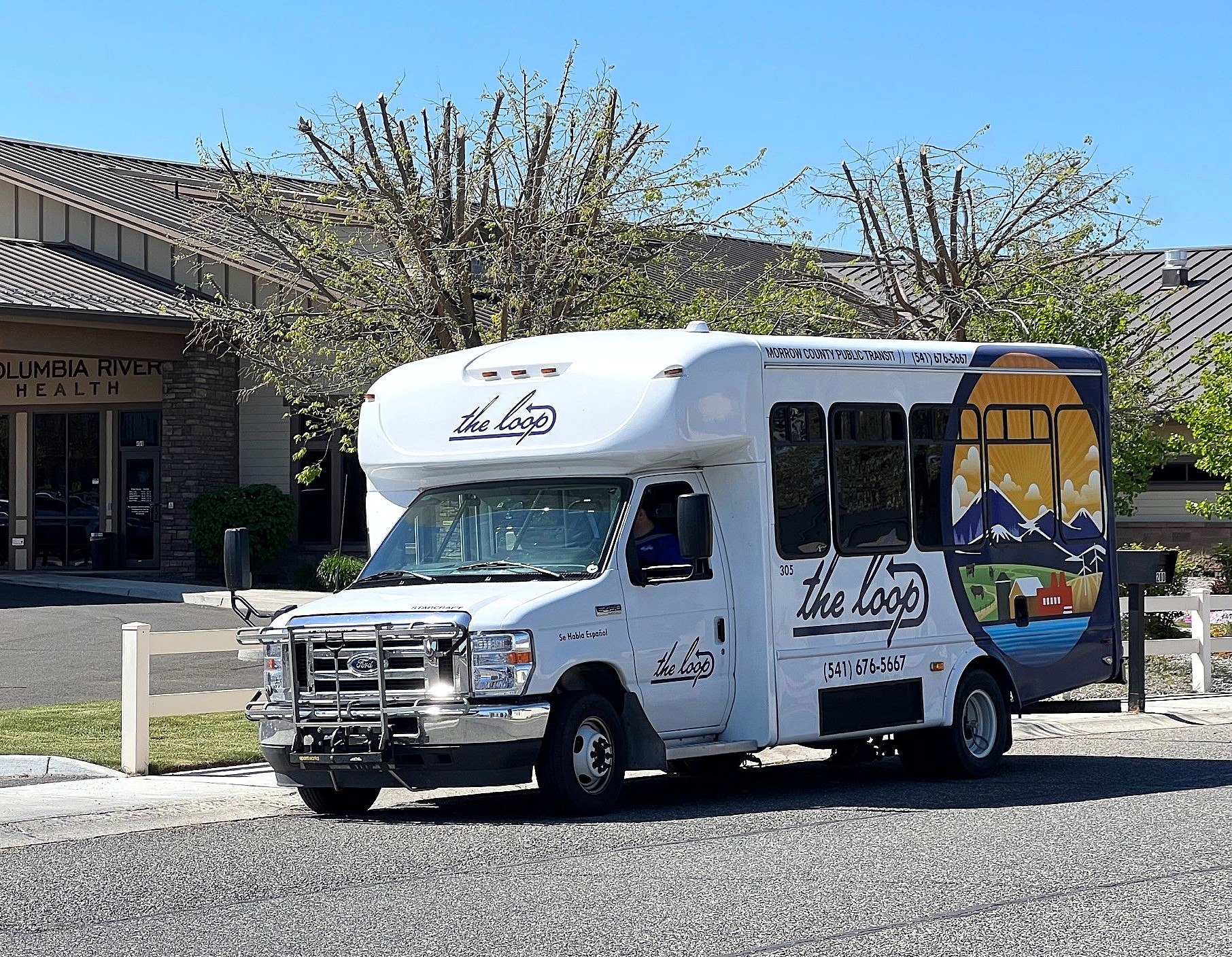 A new looking bus waits outside Columbia River Heath Center.