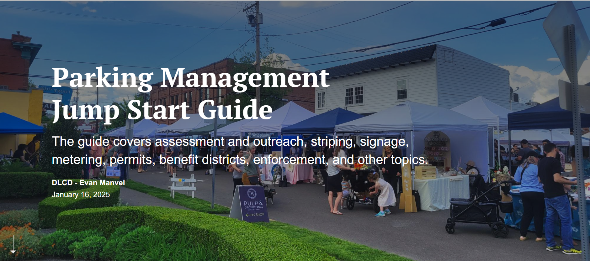 "Parking Management Jump Start Guide" in white letters over an image of a bustling street market.