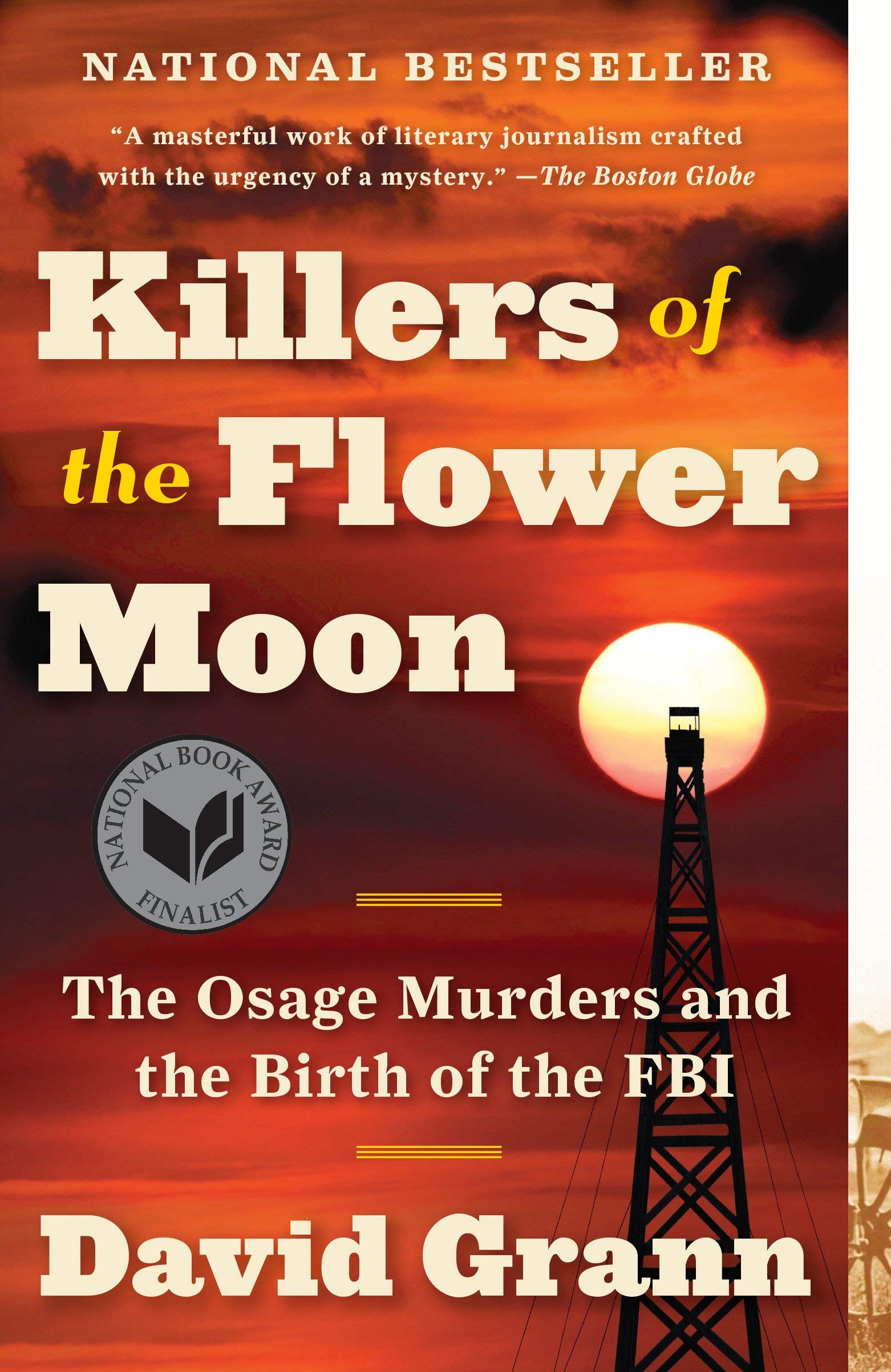 Book Cover for Killers of the Flower Moon, an orange and red sunset over an oil field tower scene.
