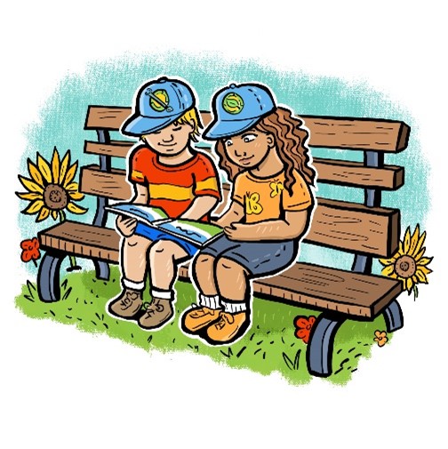 Two kids sitting on a bench reading a book together