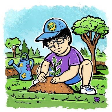 A picture of a boy planting a tree