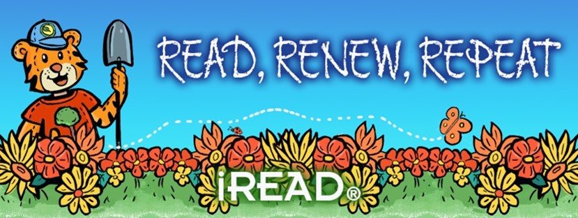 Summer Reading Logo "Read, Renew, Repeat" with a tiger in a red shirt holding a shovel next to red, yellow, and orange flowers.