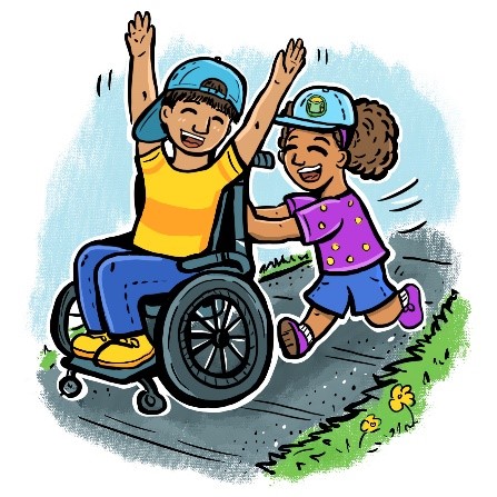 Picture of a boy in a wheelchair smiling with his hands up as a girl pushes him