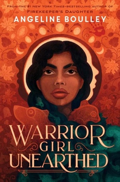 Warrior Girl Unearthed cover, portrait of a Native woman encircled by plants, leaves, and a waxing/waning moon.