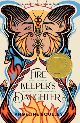 Fire Keeper's Daughter cover, Indigenously stylized faces, including fire, birds, and bears.