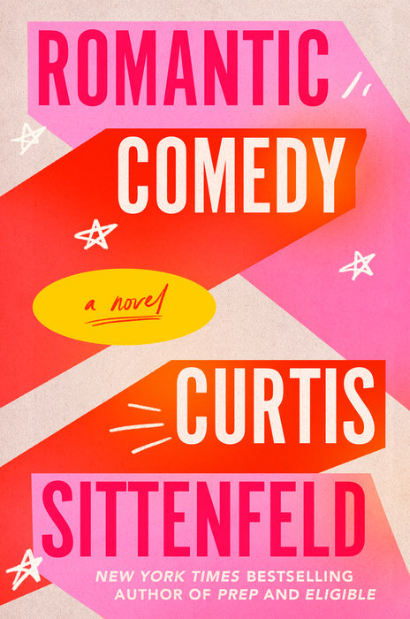 Book Cover for Romantic Comedy, 1960's stylized text with pink, yellow, and white angled shapes.