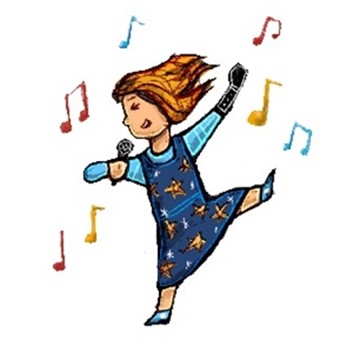 girl dancing with microphone surrounded by colorful music notes