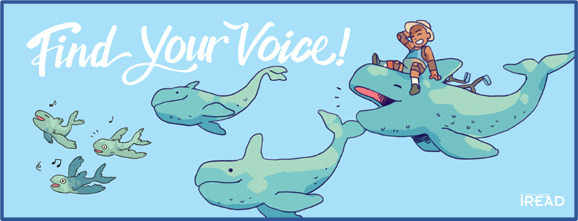 Boy riding one of three blue whales with three accompanying blue fish singing, and the text, "Find your voice"