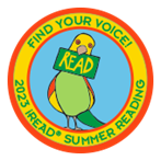 Tropical bird holding a sign that says "read" in its beak, and text reads, "Find your voice, 2023 iRead Summer Reading"