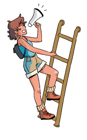 Gender neutral person climbing ladder and speaking through a bullhorn