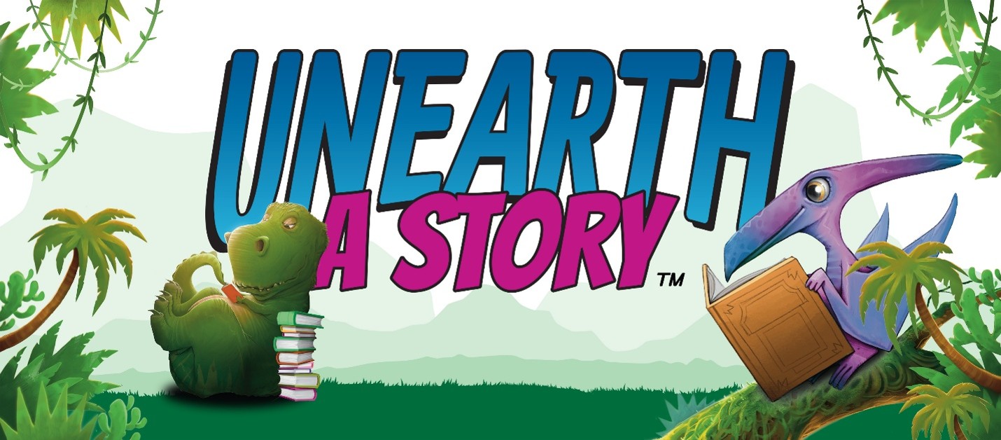 Unearth a Story lettering with a t-rex and a pterodactyl reading books in a prehistoric jungle setting