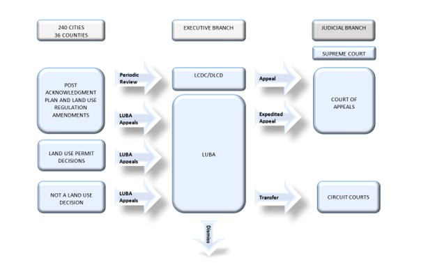 LUBA Review Structure Flowchart depicting how land use decisions can be appealed from local government to LUBA to Court Appeals