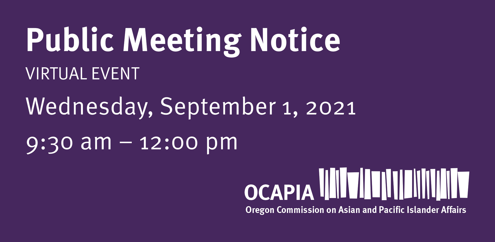 OCAPIA Regular Meeting – Wednesday, September 1, 9:30 am