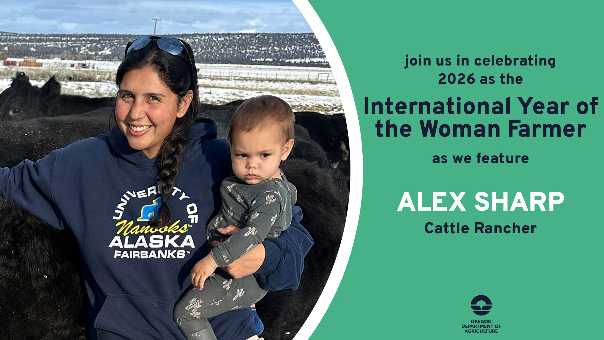 Alex Sharp, featured on March 13, 2026 by ODA for 2026's International Year of the Woman Farmer, with her young son