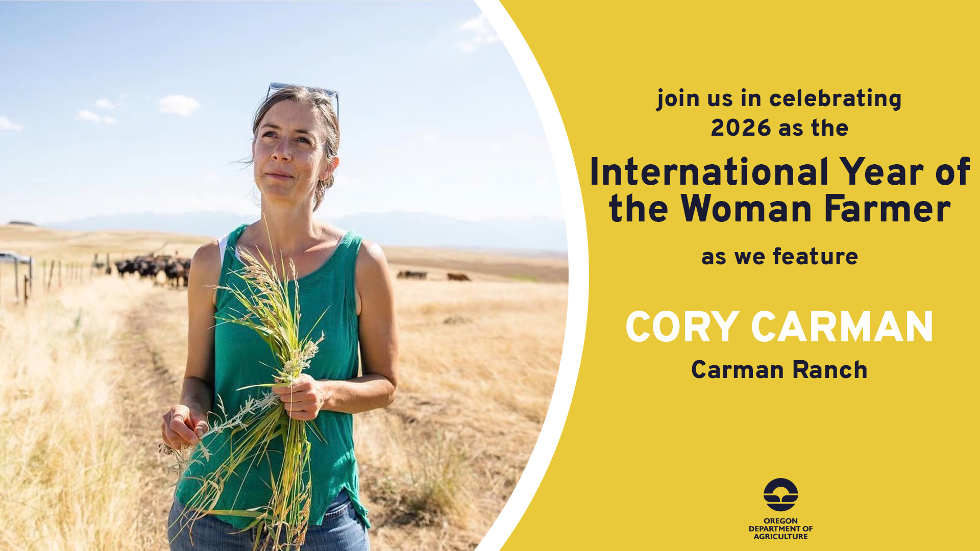 Cory Carman, featured on March 27, 2026 by ODA for 2026's International Year of the Woman Farmer
