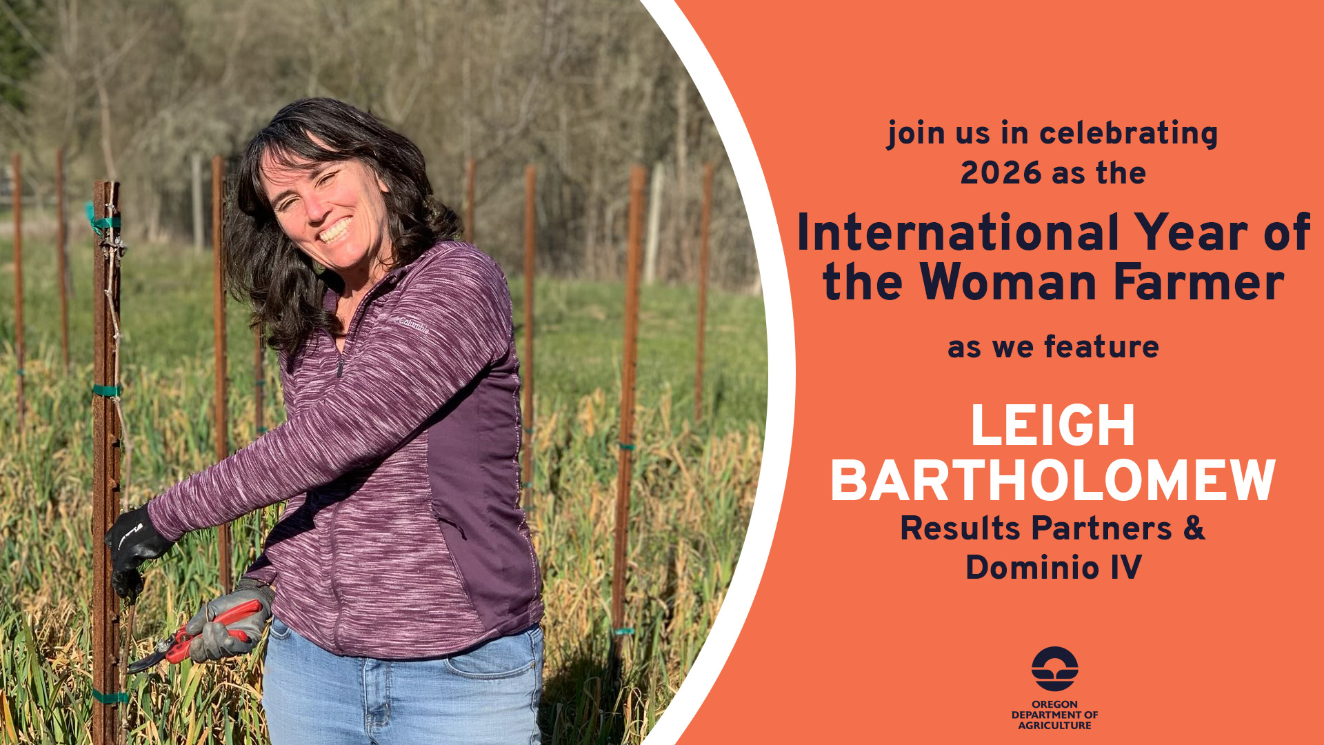 Leigh Bartholomew, featured on May 29, 2026 by ODA for 2026's International Year of the Woman Farmer