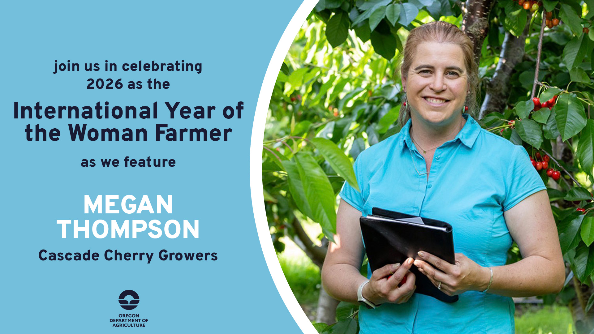 Megan Thompson, featured on August 28, 2026 by ODA for 2026's International Year of the Woman Farmer