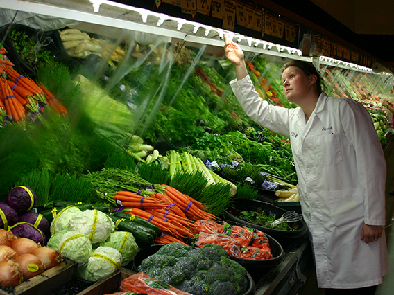 Food safety inspector checks produce in a grocery store.