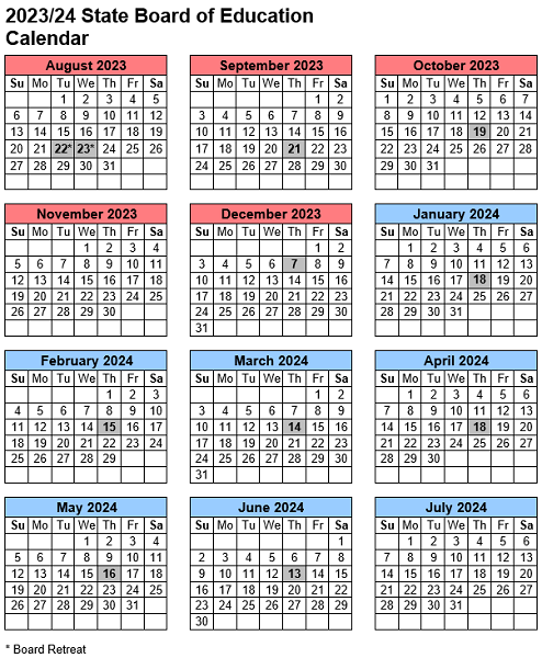 2023-24 State Board of Education Meeting Calendar. Oregon Department of Education. Board of Education. Board retreat August 22 and 23. Board meetings: September 21, October 19, December 7, January 18, February 15, March 14, April 18, May 16, June 13