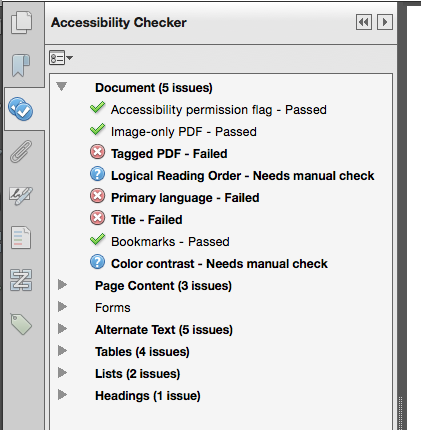 Screen shot of Accessibility Checker report in Acrobat Pro XI