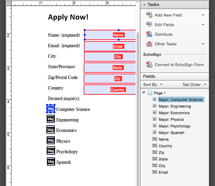 screen shot of a form in Adobe Acrobat Pro, with fields listed in incorrect order